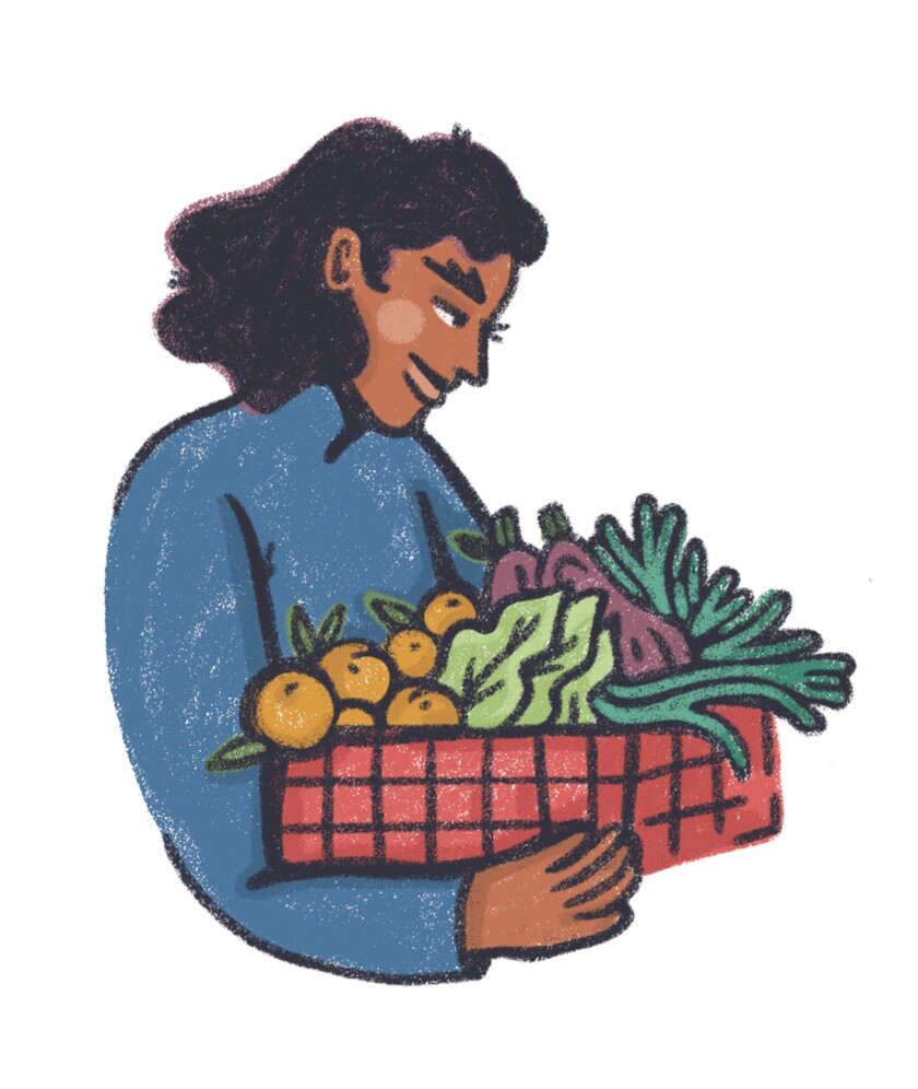 Illustration of a woman holding a basket of fruits and plants