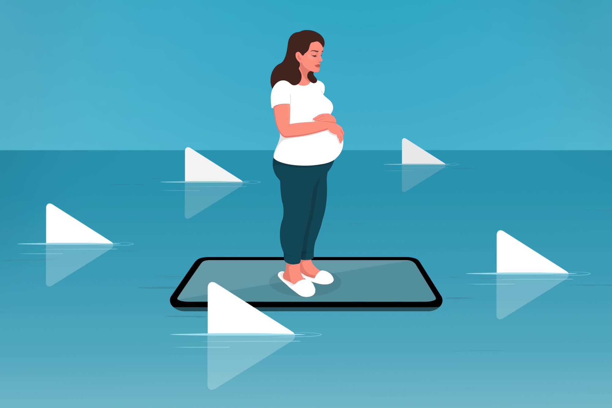 An illustration shows a pregnant woman standing on a phone in the sea. Play buttons circle her like shark fins.