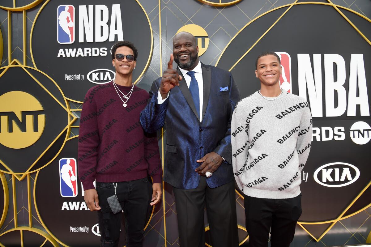 Shareef O'Neal, Shaquille O'Neal, and Shaqir O’Neal attend the 2019 NBA Awards at Barker Hangar.