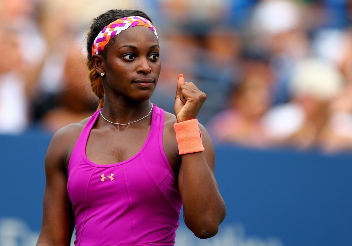 Sloane Stephens celebrates a point during her first-round victory over Mandy Minella at the U.S. Open on Monday.