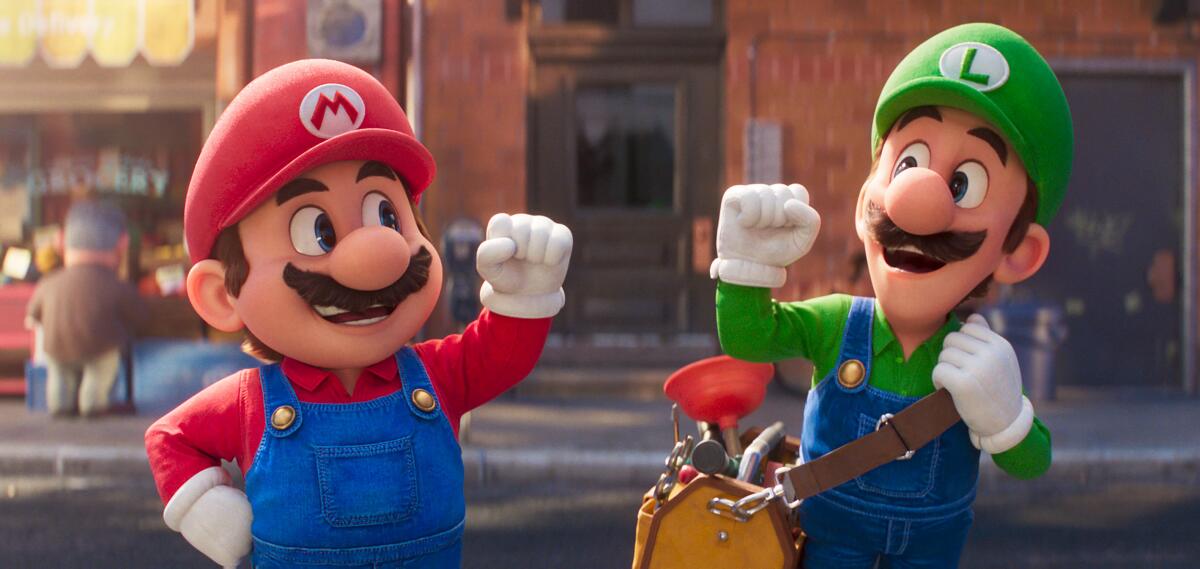 Animated characters Mario, dressed in red, and Luigi, dressed in green, about to bump fists