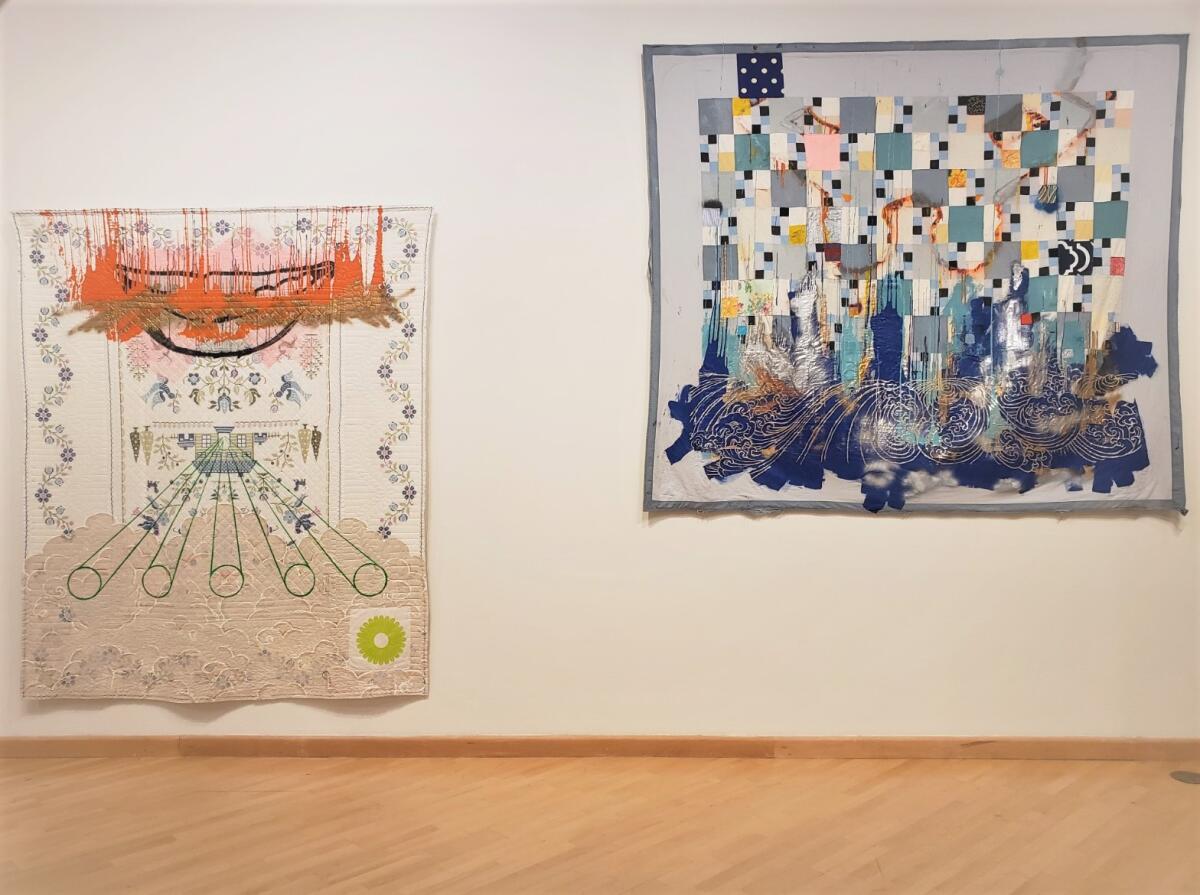 Sanford Biggers uses antique quilts, rather than canvas, as the support for his paintings.