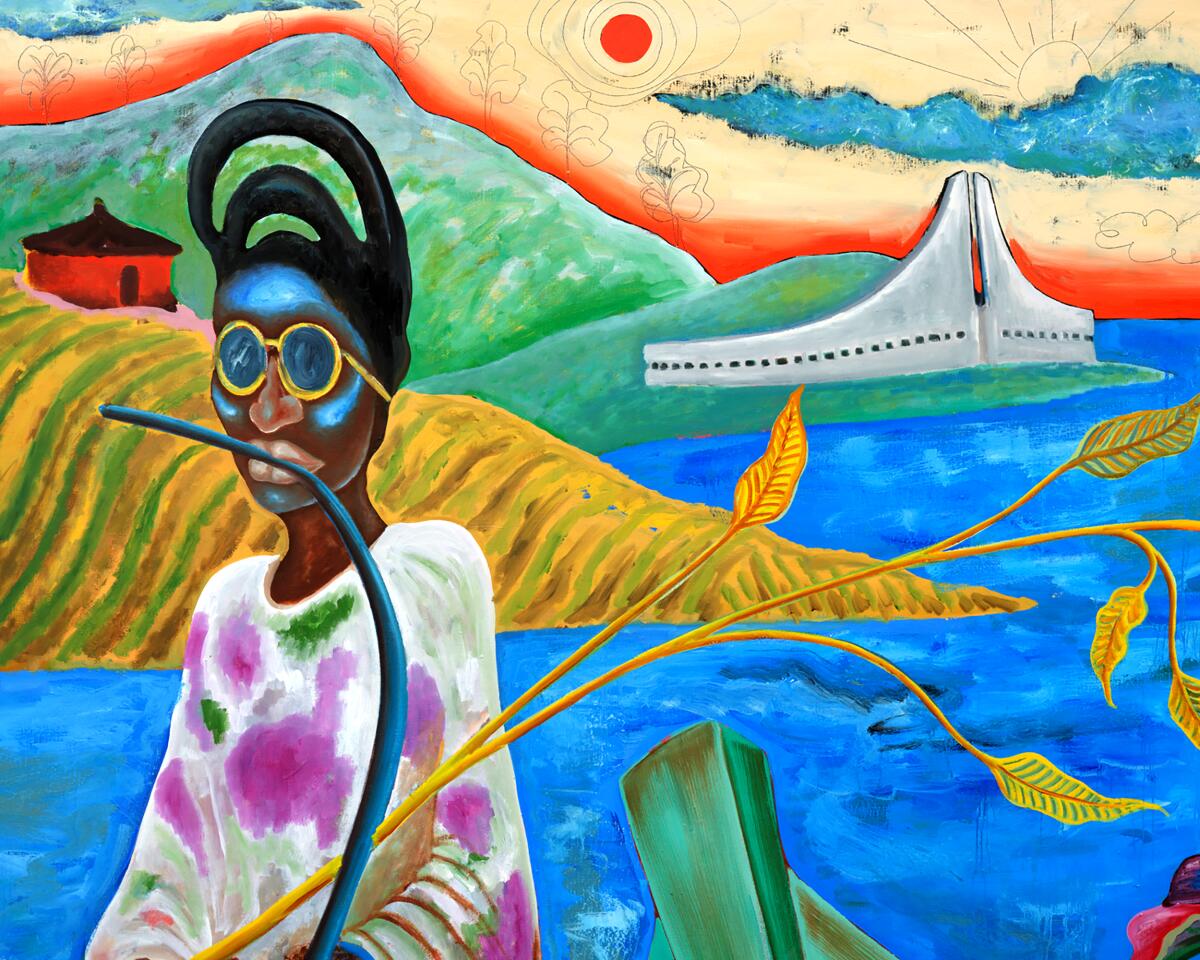 A painting of someone on the water with vibrantly colored hills behind them. 