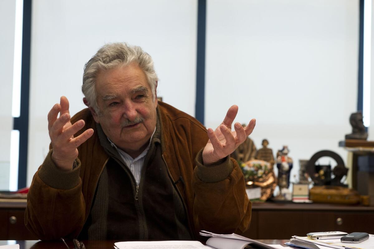 Uruguayan President Jose Mujica answers questions during an interview with Agence France-Presse in Montevideo. Mujica said that if marijuana gets out of hand in Uruguay -- after the legalization of its production and distribution -- he is prepared to pull back.