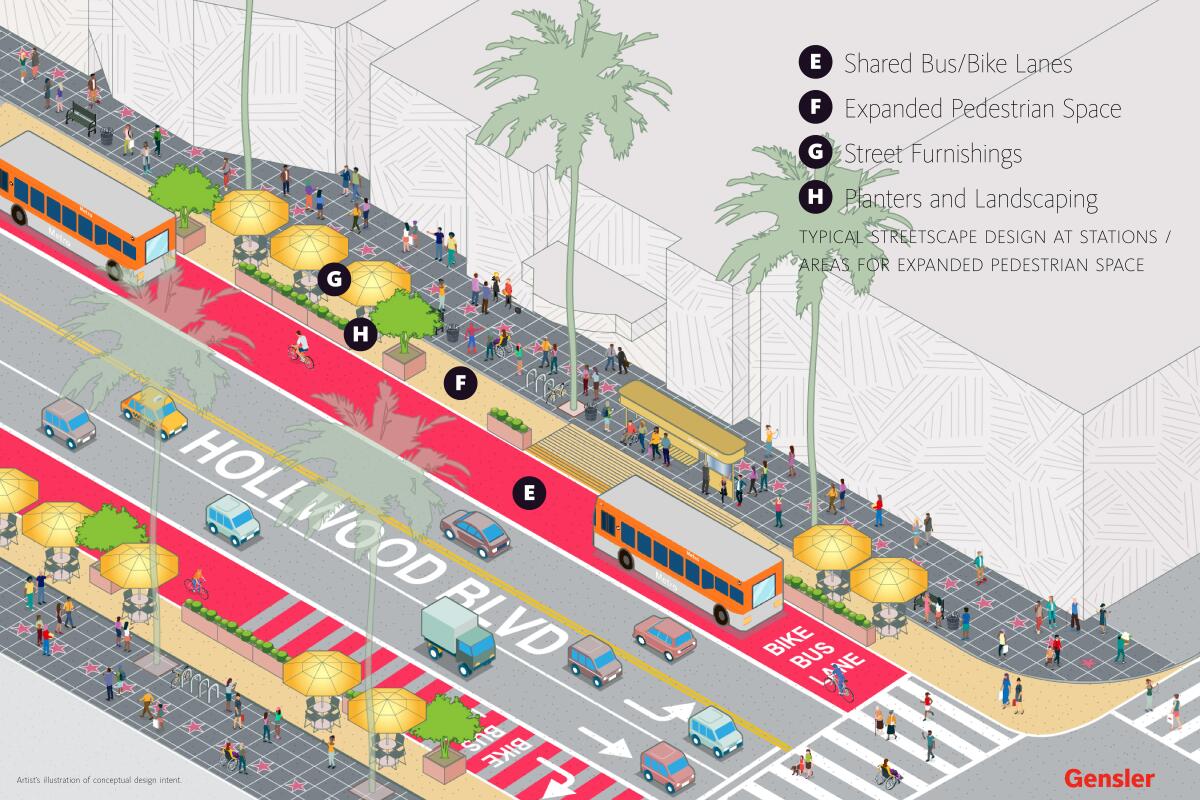 Walk of Fame shared bus and bike lanes.