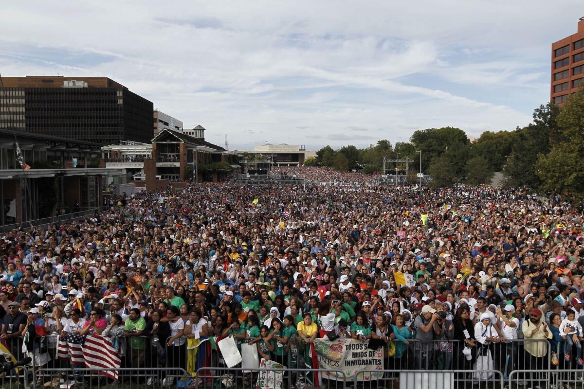 A crowd fills the Independence Mall in Philadelphia as Pope Francis speaks.