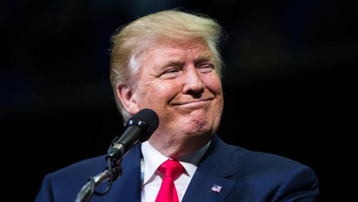 Republican presidential nominee Donald J. Trump looks on during a rally at Mohegan Sun Arena in Wilkes-Barre Township, Pa., on Oct. 10.