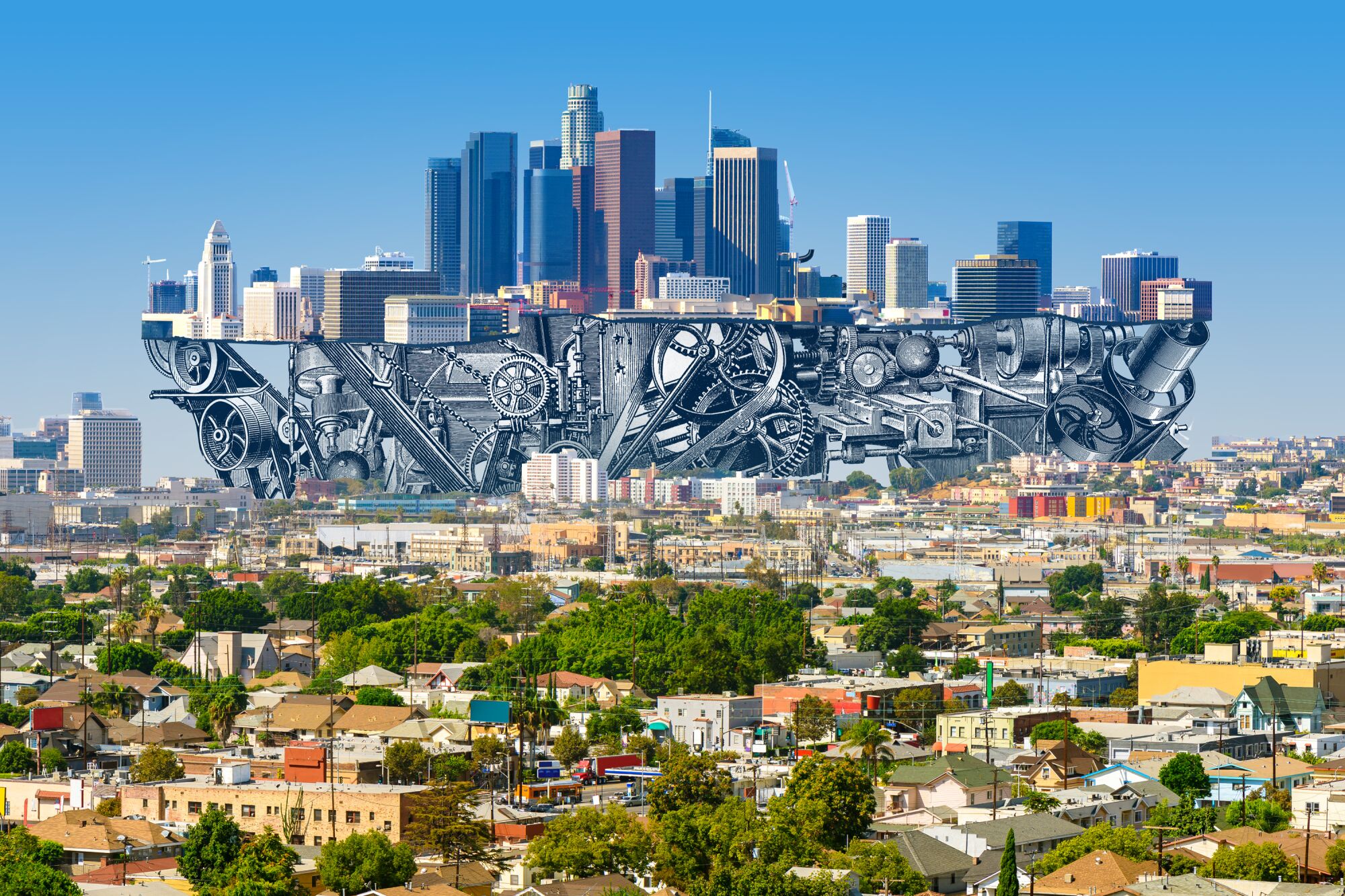 Photo illustration of downtown Los Angeles with machinery under the skyline