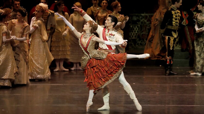 Ryoichi Hirano and Francesca Hayward perform in a production of "Mayerling" by the Royal Ballet at the Dorothy Chandler Pavilion in Los Angeles on Friday.
