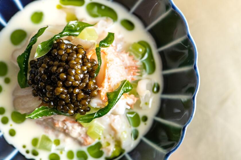 LOS ANGELES, CA- October 29, 2019: Coleman farms celtuce with geoduck clam, box crab and kluge caviar from Providence on Tuesday October 29, 2019. (Mariah Tauger / Los Angeles Times)