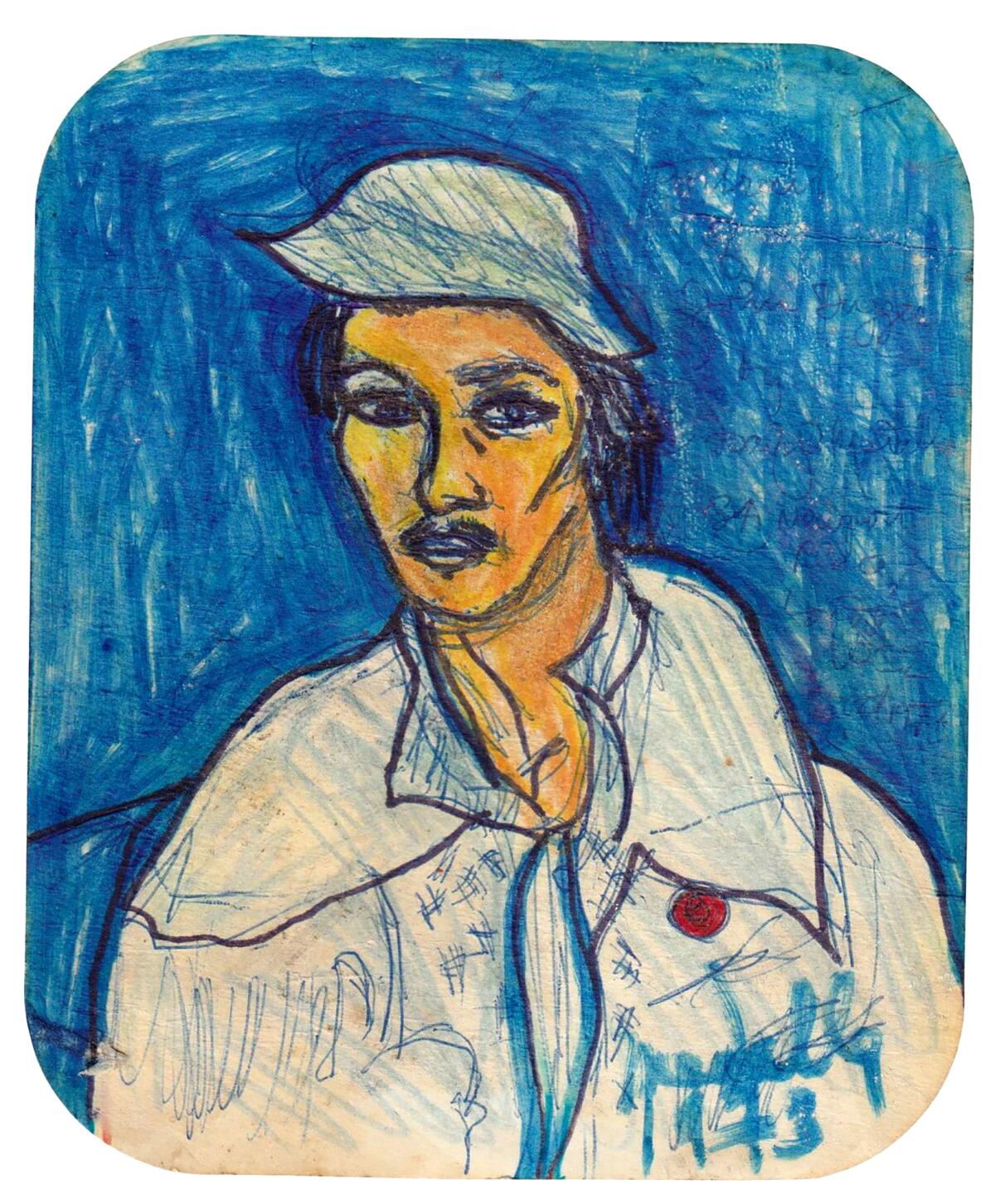 A sketched portrait of a person in a hat against a blue background