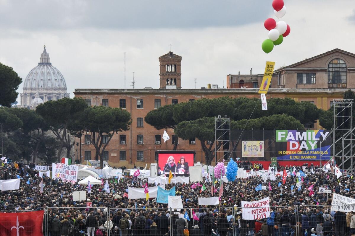 Thousands of people took part in a rally at Rome's ancient Circus Maximus to voice opposition to proposals to legally recognize same-sex civil unions.