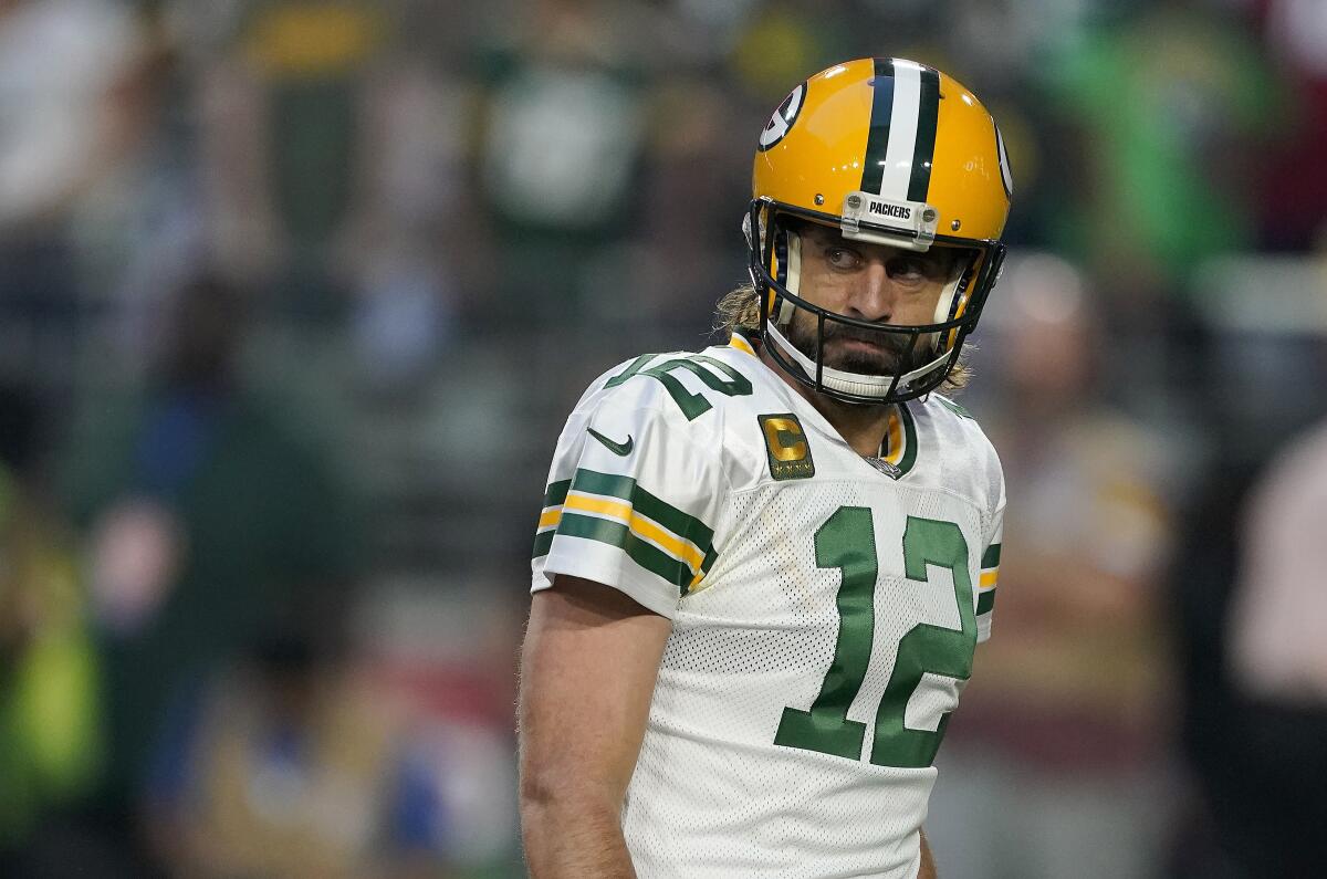 Green Bay Packers quarterback Aaron Rodgers looks back during a game against the Arizona Cardinals.