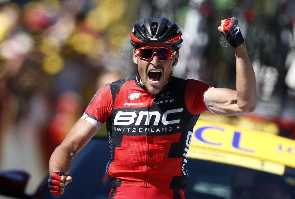 Greg Van Avermaet celebrates after winning Stage 5 of the Tour de France on Wednesday.