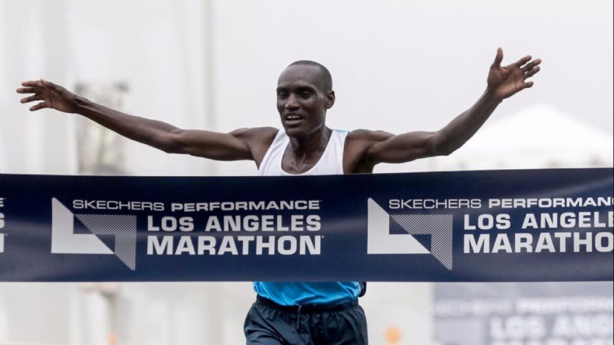 Weldon Kirui of Kenya was the first to cross the finish line at last year's L.A. Marathon.