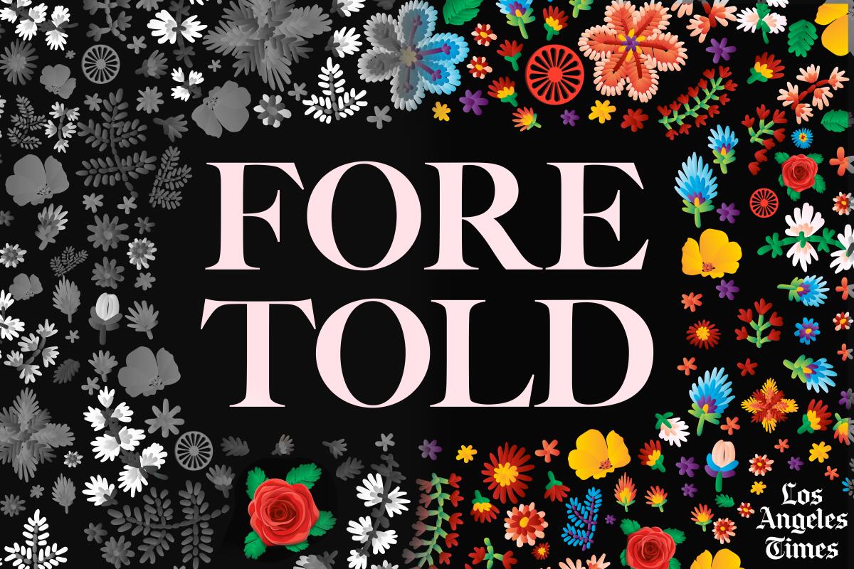 The "Foretold" logo surrounded by flowers and Romani wheels. Part of the image is in black and white, part in color. 