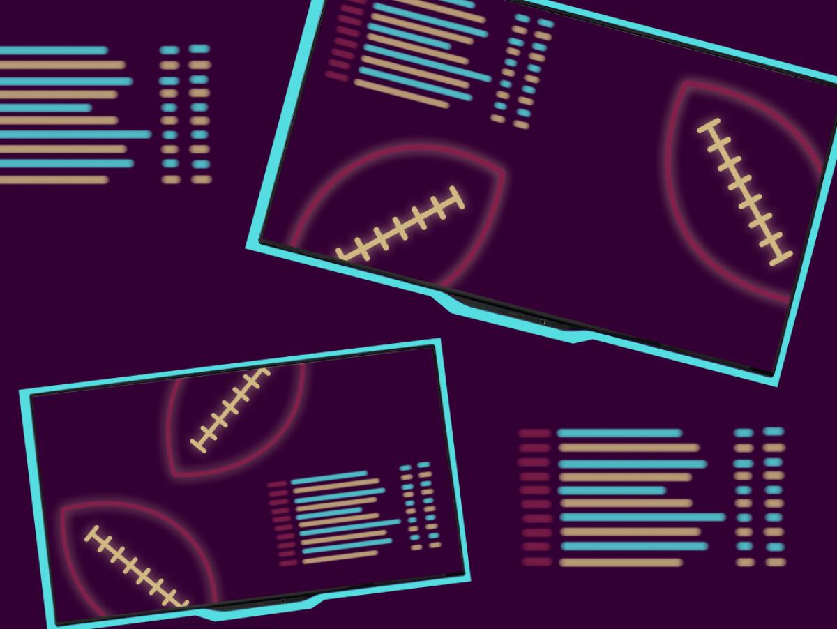 illustration of a pair of TVs showing illuminated outlines of footballs and betting lines