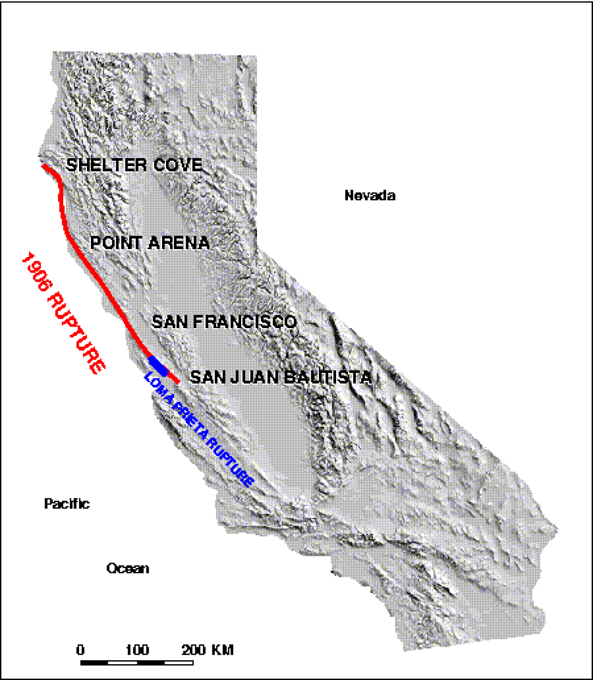 Map shows the extent of the 1906 rupture seen at the surface. The total length is 296 miles (477 kilometers). For comparison, the 1989 Loma Prieta earthquake had a rupture length of about 25 miles (40 km).