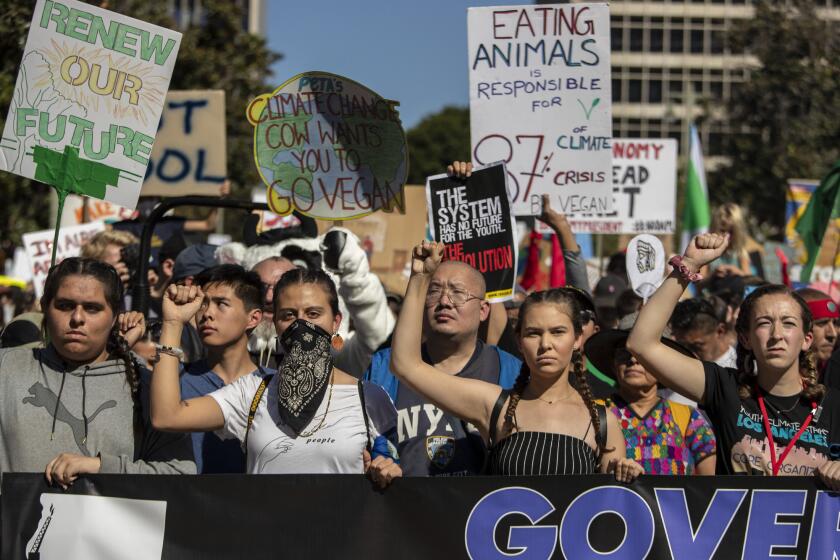 LOS ANGELES, CALIF. -- FRIDAY, NOVEMBER 1, 2019: Activists and Youth Climate Strike Los Angeles, part of the Fridays For Future movement, take to the streets for a march around the downtown area in Los Angeles, Calif., on Nov. 1, 2019. (Brian van der Brug / Los Angeles Times)