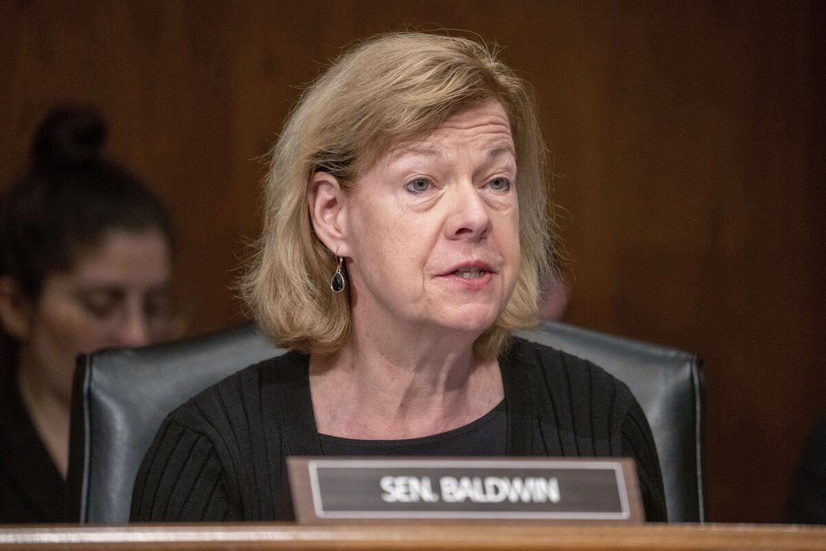 FILE - Sen. Tammy Baldwin, D-Wis., speaks during a Senate Health, Education, Labor and Pensions confirmation hearing for Julie Su to be the Labor Secretary, on Capitol Hill, Thursday, April 20, 2023, in Washington. (AP Photo/Alex Brandon, File)