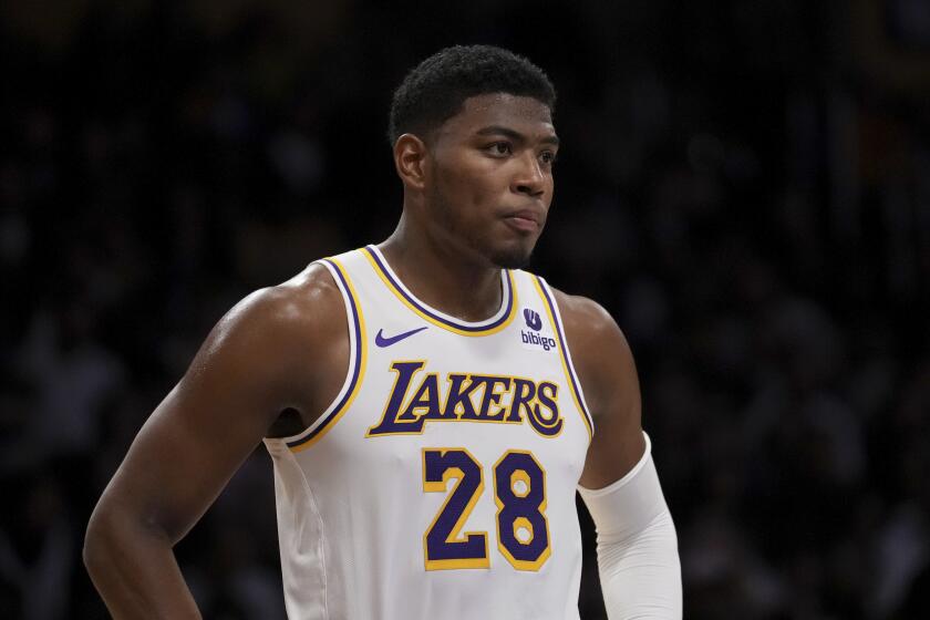 Los Angeles Lakers forward Rui Hachimura (28) is seen during the second half of an NBA basketball game in Los Angeles, Sunday, Nov. 19, 2023. (AP Photo/Eric Thayer)