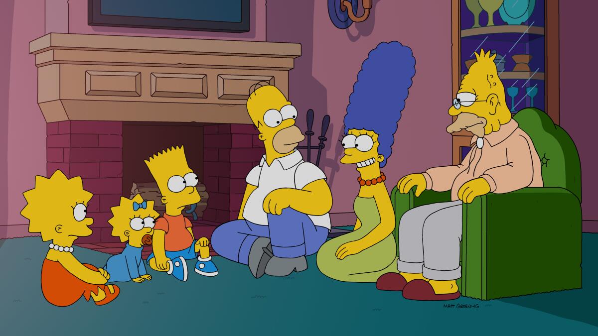 A yellow cartoon family sits near a fireplace as an older man sits in a green chair.