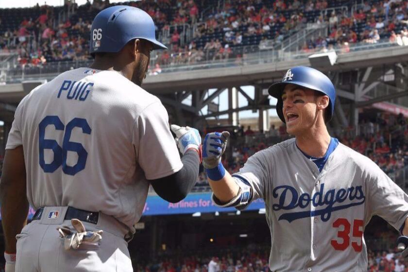WASHINGTON, DC - SEPTEMBER 16: Cody Bellinger #35 of the Los Angeles Dodgers celebrates with Yasiel Puig #66 after hitting a home run in the second inning against the Washington Nationals at Nationals Park on September 16, 2017 in Washington, DC. (Photo by Greg Fiume/Getty Images) ** OUTS - ELSENT, FPG, CM - OUTS * NM, PH, VA if sourced by CT, LA or MoD **