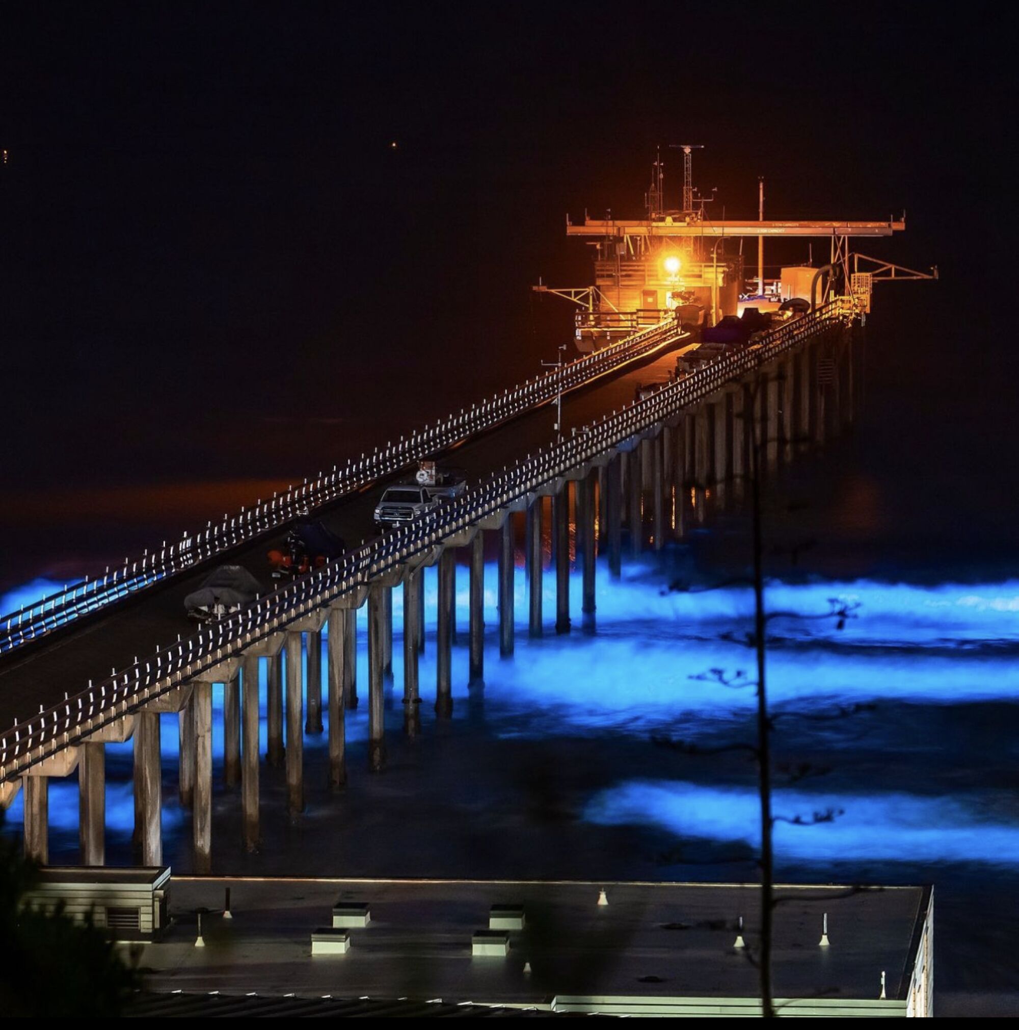 Bioluminescence in the ocean at night under and around Scripps Pier in La Jolla.