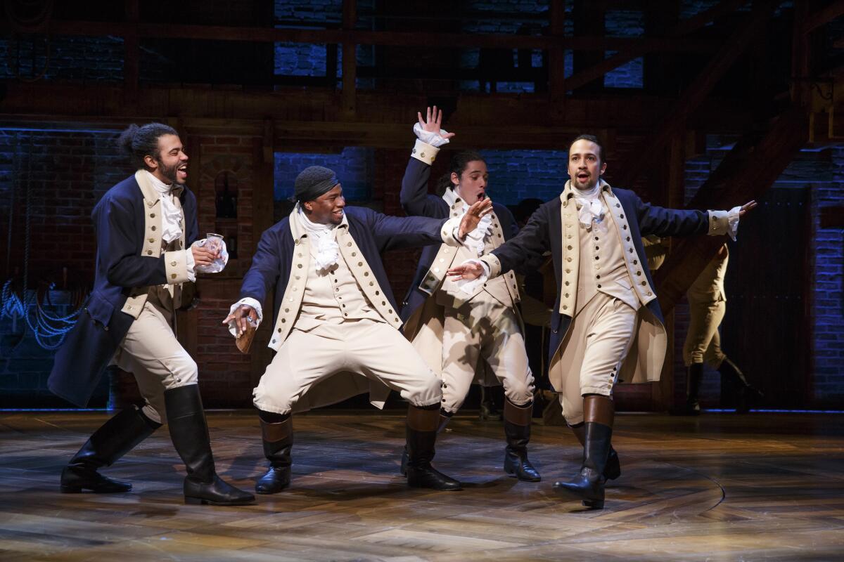 Actors Daveed Diggs, Okieriete Onaodowan, Anthony Ramos and Lin-Manuel Miranda performing in "Hamilton."