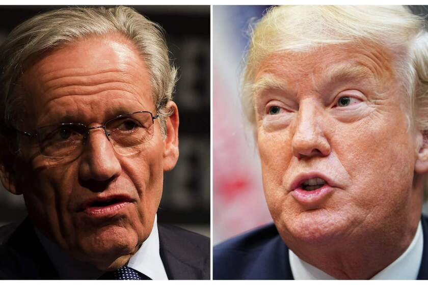 (FILES) This combination of file photos created September 4, 2018 show Associate Editor of the Washington Post Bob Woodward (L) speaking at the Newseum during an event marking the 40th anniversary of Watergate at the Newseum in Washington, DC June 13, 2012; and US President Donald Trump speaking during an event to announce a grant for drug-free communities support program, in the Roosevelt Room of the White House in Washington, DC, on August 29, 2018. - The White House under President Donald Trump is mired in a perpetual "nervous breakdown" with staff constantly seeking to control a leader whose anger and paranoia can paralyze operations for days, according to a new book by Bob Woodward. The Washington Post, which obtained an advance copy of the book by the veteran chronicler of modern presidents, reported Tuesday, September 4, 2018, that Woodward describes Trump manically pressing his staff for actions that could lead to major conflict -- leaving them little choice but to disregard his orders. (Photo by Mandel NGAN and Jim WATSON / AFP)MANDEL NGAN,JIM WATSON/AFP/Getty Images ** OUTS - ELSENT, FPG, CM - OUTS * NM, PH, VA if sourced by CT, LA or MoD **