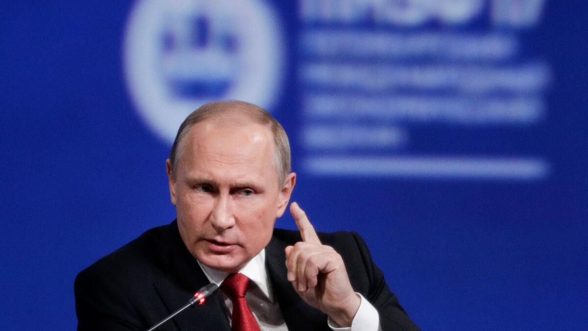 Russian President Vladimir Putin speaks at the St. Petersburg International Economic Forum in St. Petersburg, Russia.