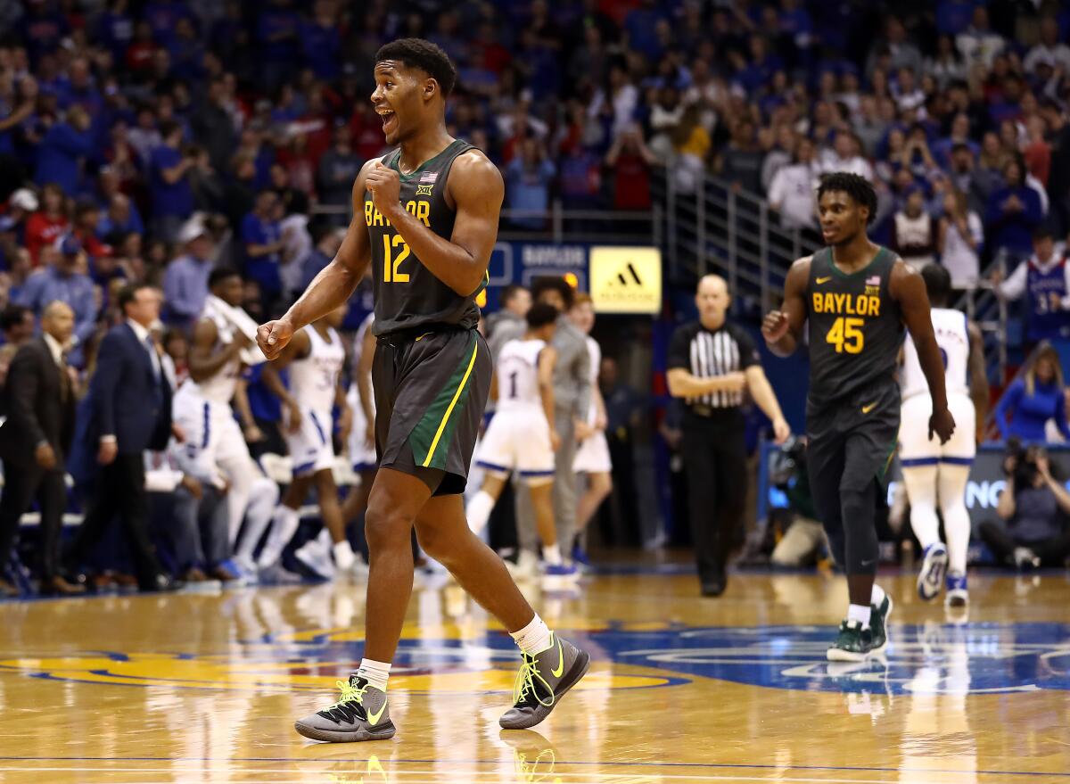 Baylor guard Jared Butler celebrates during the Bears' 67-55 victory over Kansas on Jan. 11, 2020.