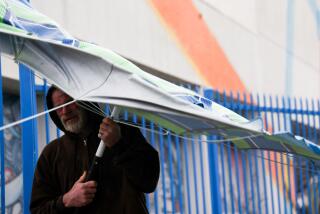 Venice, CA - January 22: A man holds a patio umbrella during a rainy day on Sunday, Feb. 4, 2024 in Venice, CA. (Michael Blackshire / Los Angeles Times)