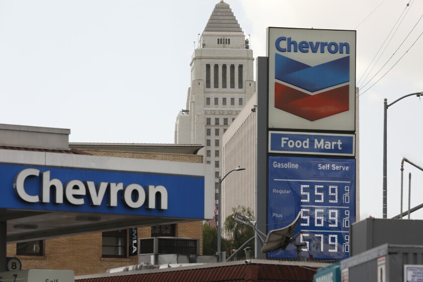Gasoline sells for more than $5 per gallon at the Chevron near Los Angeles Union Station on March 9. 