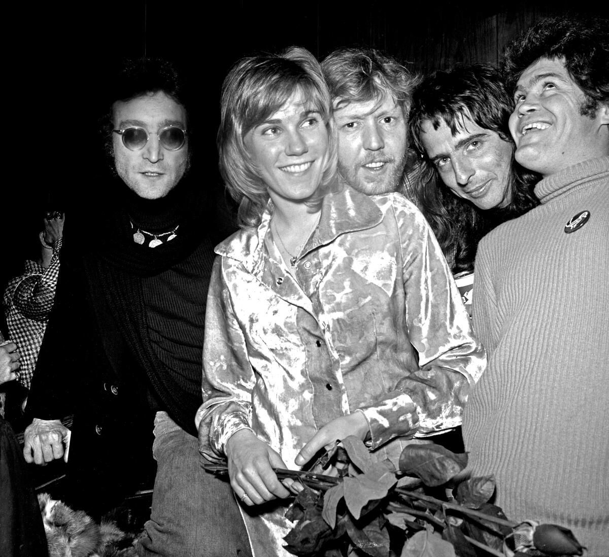 John Lennon, Harry Nilsson, Alice Cooper and Micky Dolenz with singer Anne Murray at the Troubadour in 1973