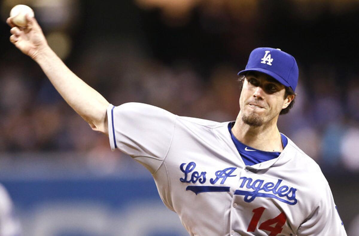 Dodgers starting pitcher Dan Haren gave up four hits and one run in six innings against the Padres on Wednesday in San Diego.