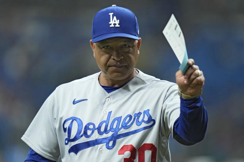 Los Angeles Dodgers manager Dave Roberts before a game against the Tampa Bay Rays on May 26, 2023, in St. Petersburg, Fla.