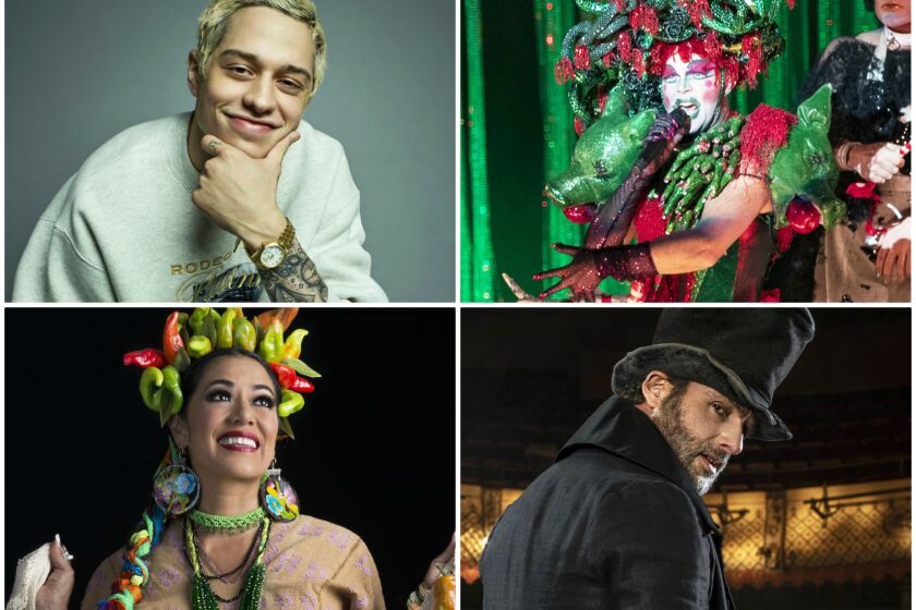 Clockwise from top left: Pete Davidson (Peggy Sirota); Taylor Mac (Gina Ferazzi/Los Angeles Times); Andrew Lincoln in A Christmas Carol (Helen Maybanks); Lila Downs (Marcela Taboada)