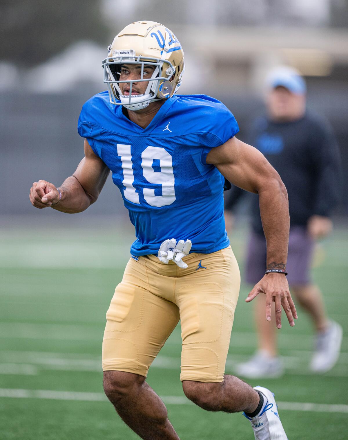 Receiver Kyle Ford runs drills during a 2023 UCLA spring football practice.