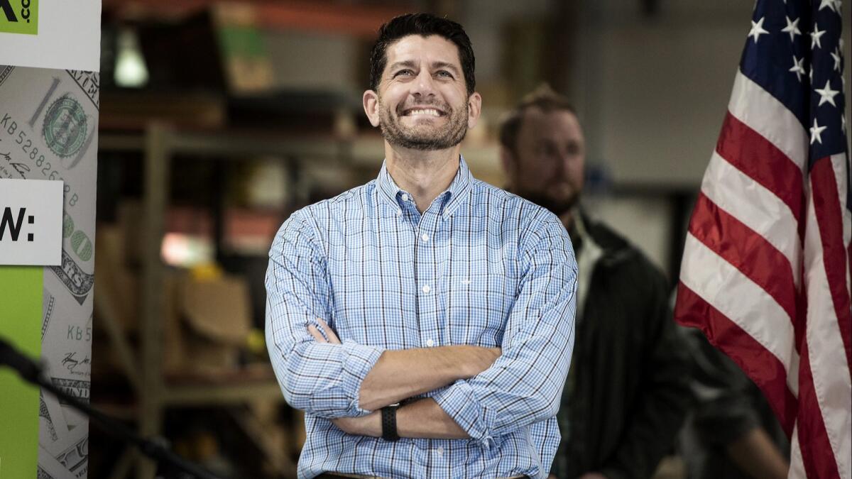 House Speaker Paul Ryan at an event called the "Tax Cuts Work" at Jakes Electric in Clinton, Wis., on Aug. 24,