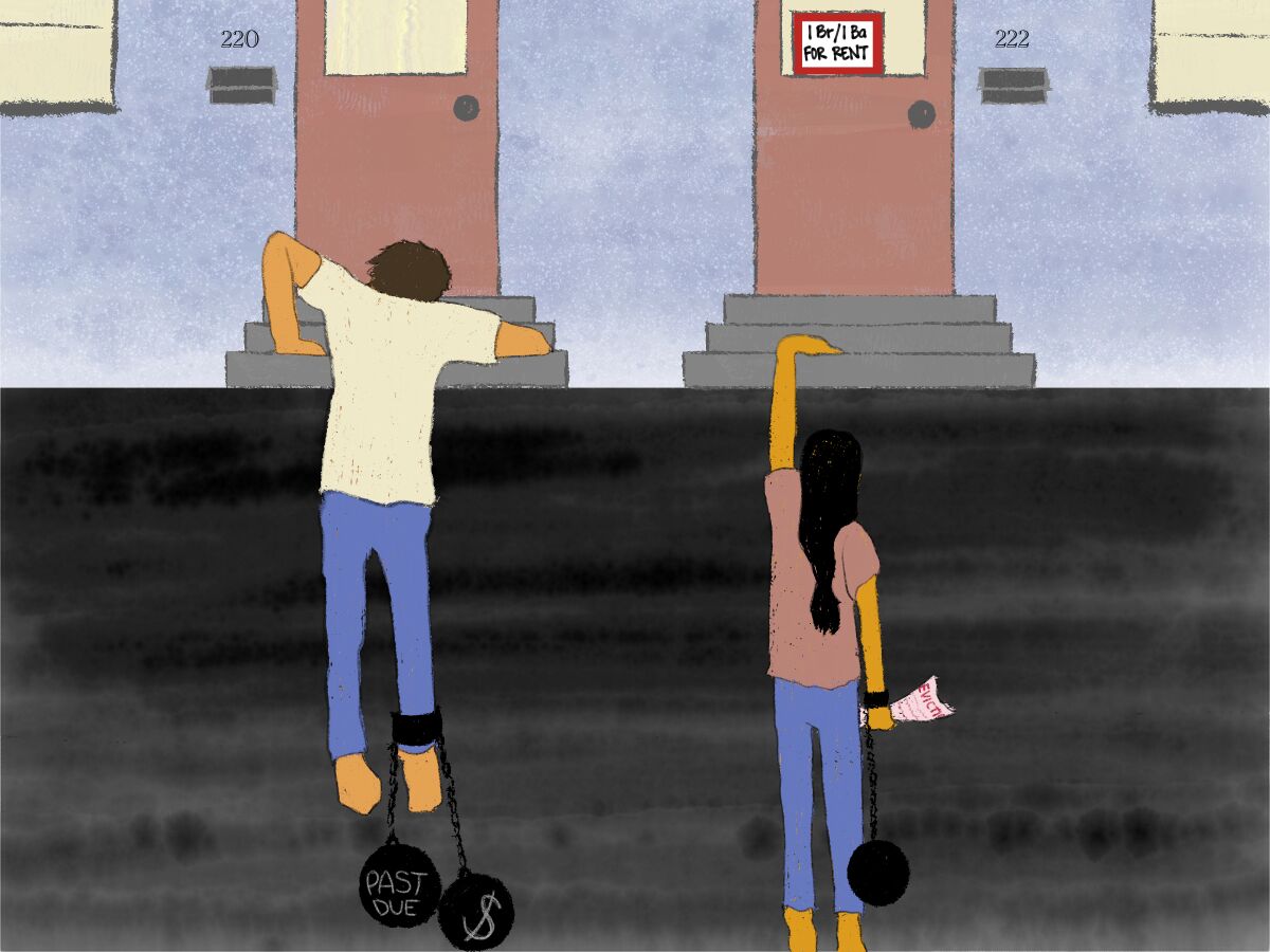 Illustration: a man and a woman are hanging off the edge of steps, weighed down by balls and chains representing debt.