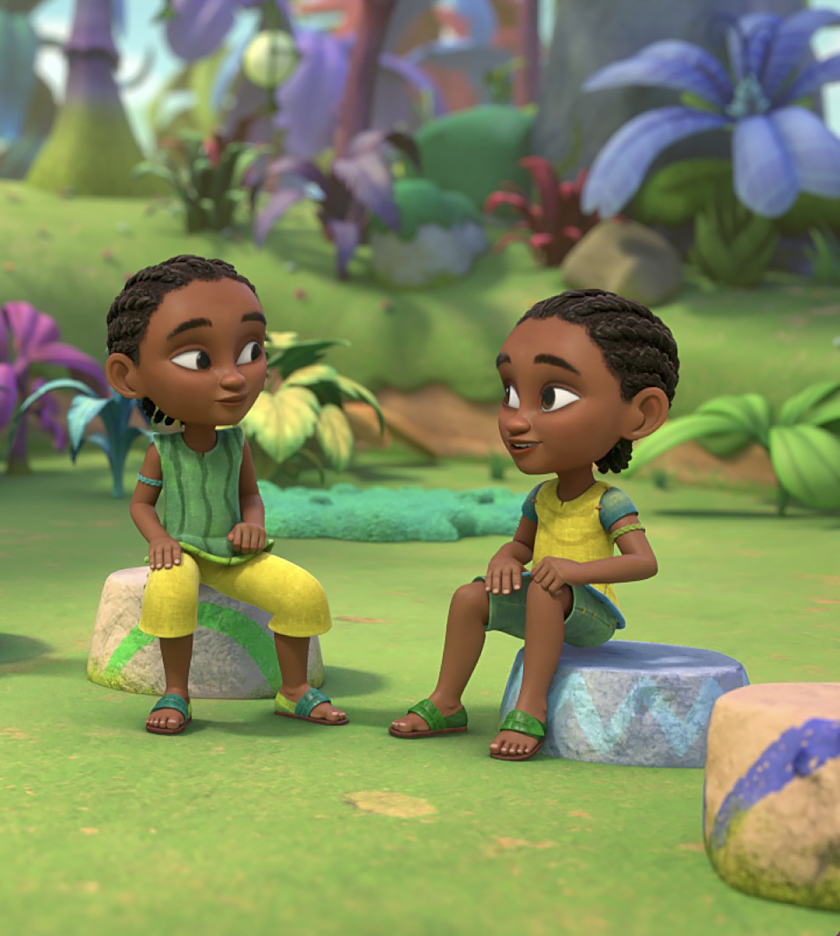 Two animated children sit on painted rocks