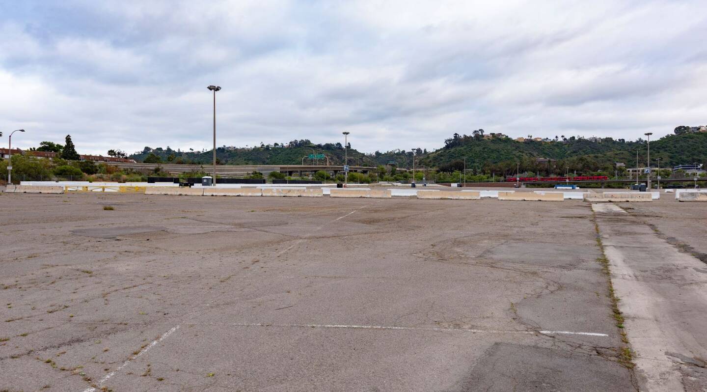 A view of the existing parking lot, facing southeast toward Interstate 15.
