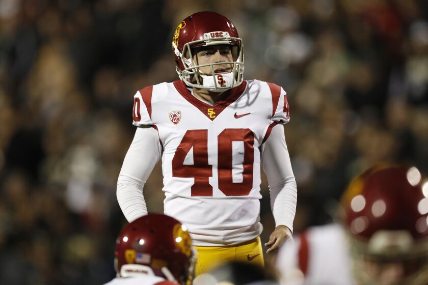 Southern California place kicker Chase McGrath (40) in the second half of an NCAA college football game Friday, Oct. 25, 2019, in Boulder, Colo. Southern California won 35-31. (AP Photo/David Zalubowski)