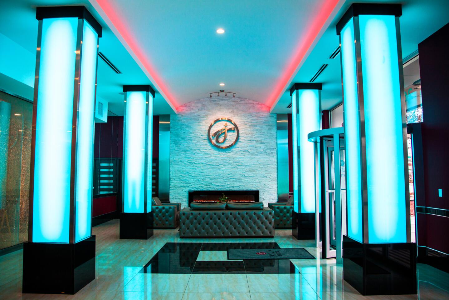 Feeling blue? Or pink or yellow? The Jaslin Hotel lobby is illuminated with color-changing lights.