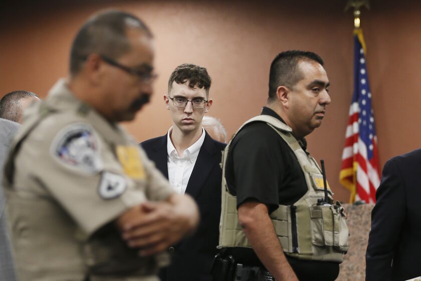 FILE - El Paso Walmart shooting suspect Patrick Crusius pleads not guilty during his arraignment on Oct. 10, 2019, in El Paso, Texas. Federal prosecutors disclosed Tuesday, Jan. 17, 2023, that they will not seek the death penalty for Crusius, who is accused of fatally shooting nearly two dozen people in a racist attack at a West Texas Walmart in 2019. (Briana Sanchez / El Paso Times via AP, Pool, File)