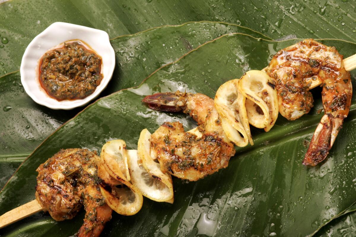 Grilled shrimp skewers with charmoula make for a quick yet flavorful dinner. Recipe: Grilled shrimp skewers with charmoula