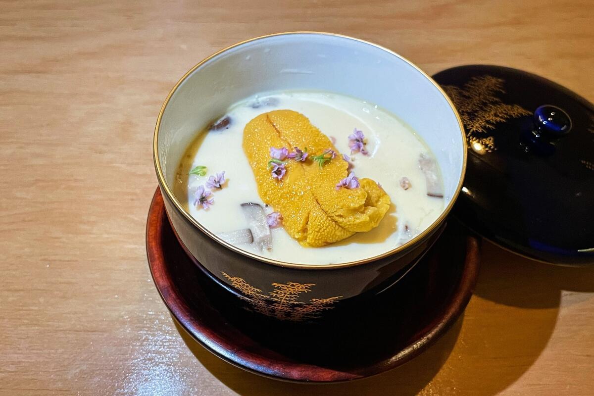 A small bowl of uni-topped summer-corn chawanmushi at Sushi Sonagi in Gardena