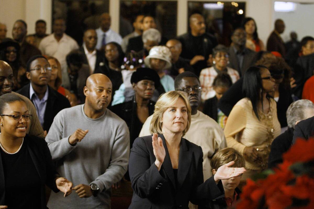 L.A. City Controller Wendy Greuel, who is running for mayor, attends church services last month at Bryant Temple A.M.E. Church in Los Angeles.