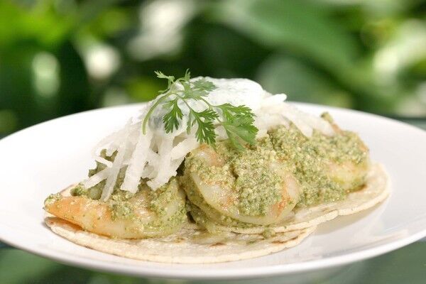 Shrimp cooked in a simple pumpkin seed sauce flavored with garlic, cilantro and chiles. Recipe: Shrimp tacos with pumpkin seed sauce